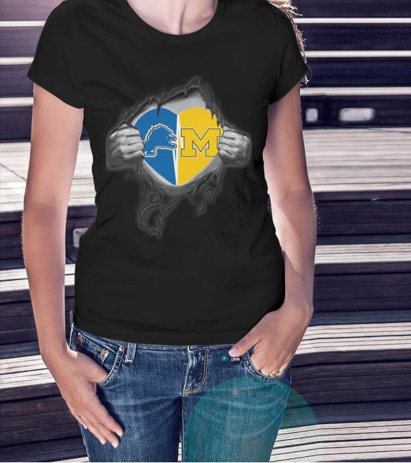 Detroit Lions Michigan Wolverine Heart Fusion T-Shirt
