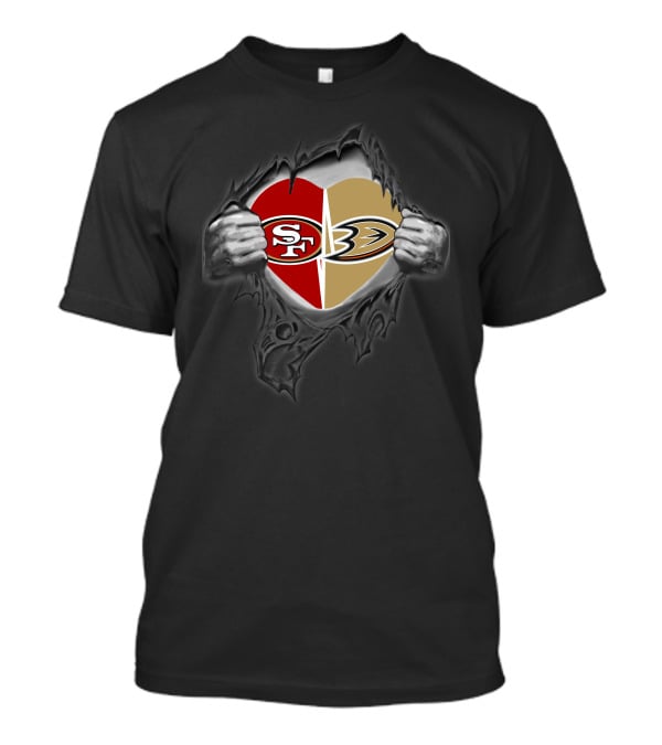 Sf 49ers Anaheim Ducks Heart With Ripped Hands T-Shirt