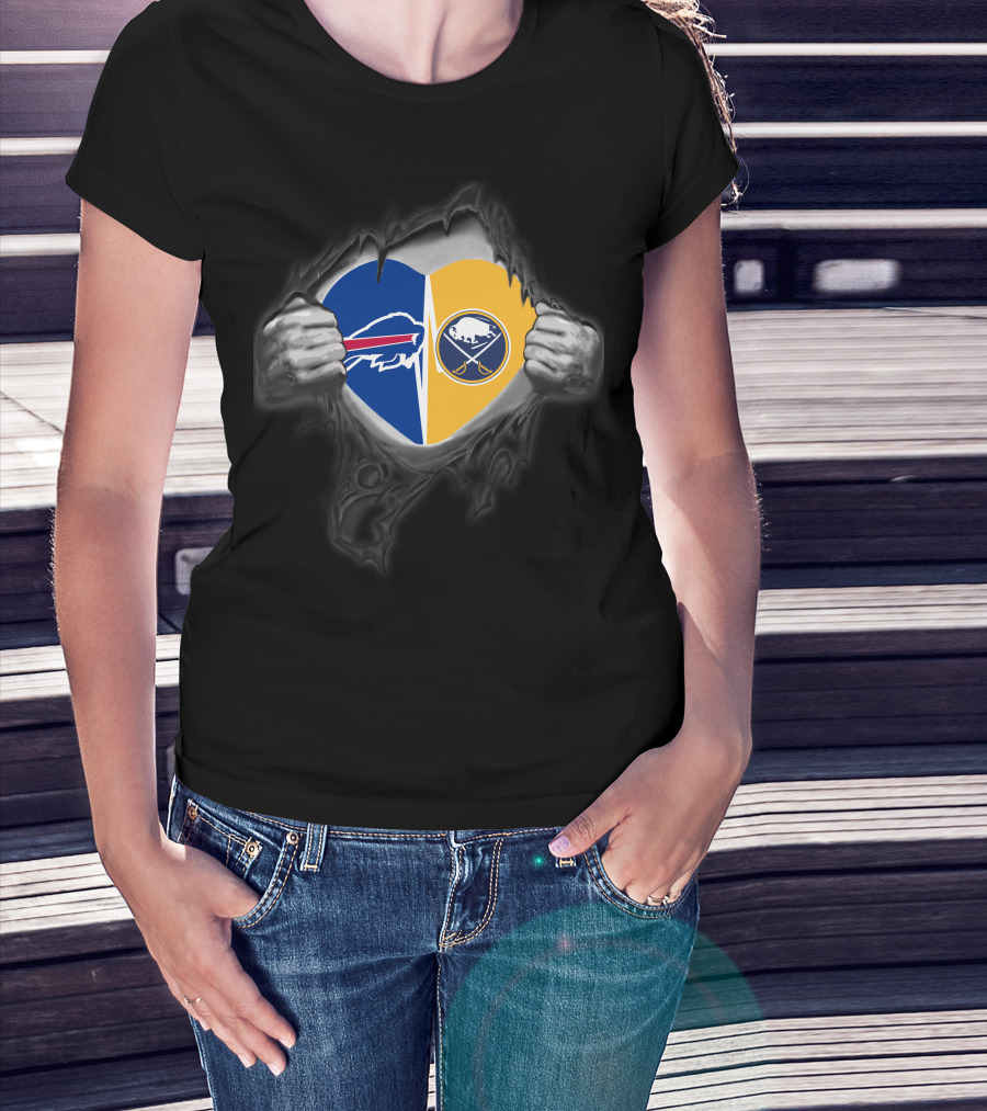 Buffalo Bills Sabres Dual Heart Symbol With Team Logos T-Shirt