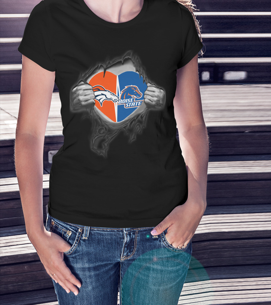 Denver Broncos Boise State Heart Split Logos Torn Chest T-Shirt