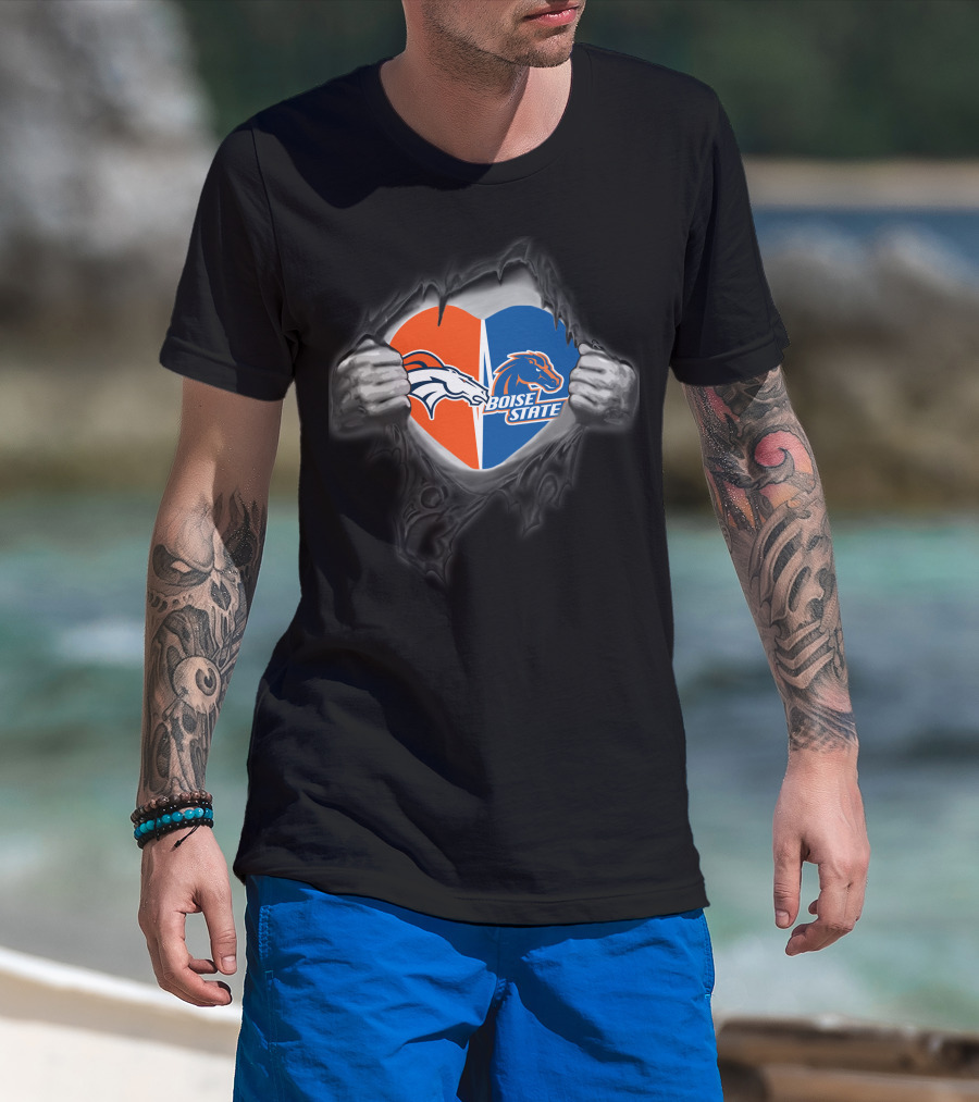 Denver Broncos Boise State Heart Split Logos Torn Chest T-Shirt