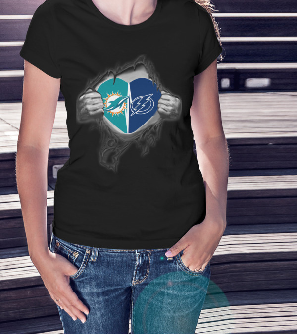 Miami Dolphins Tampa Bay Lightning Heart Unity T-Shirt