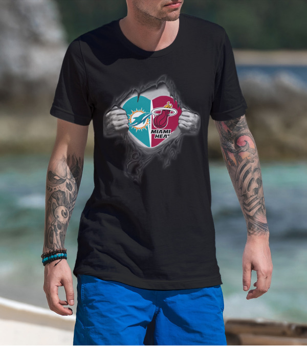 Miami Dolphins Miami Heat Heart Logo Fusion T-Shirt