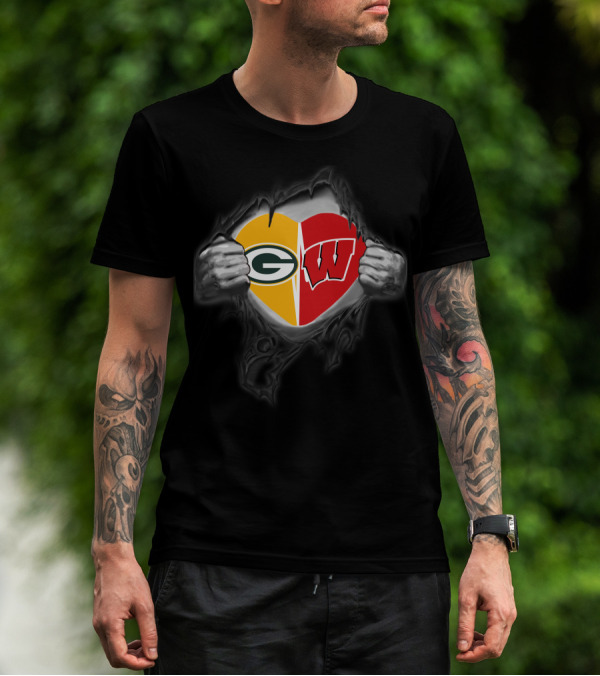 Packers Badgers Heart Tearing Open T-Shirt