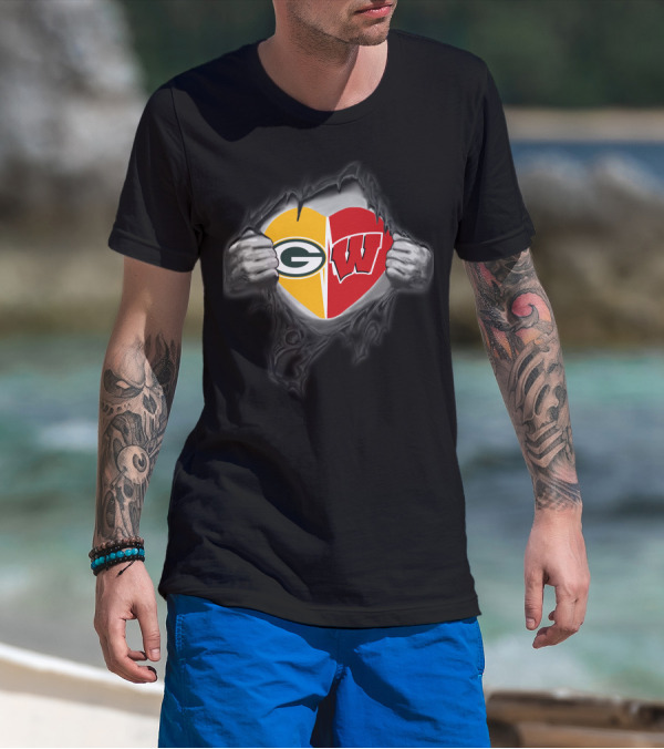 Packers Badgers Heart Tearing Open T-Shirt