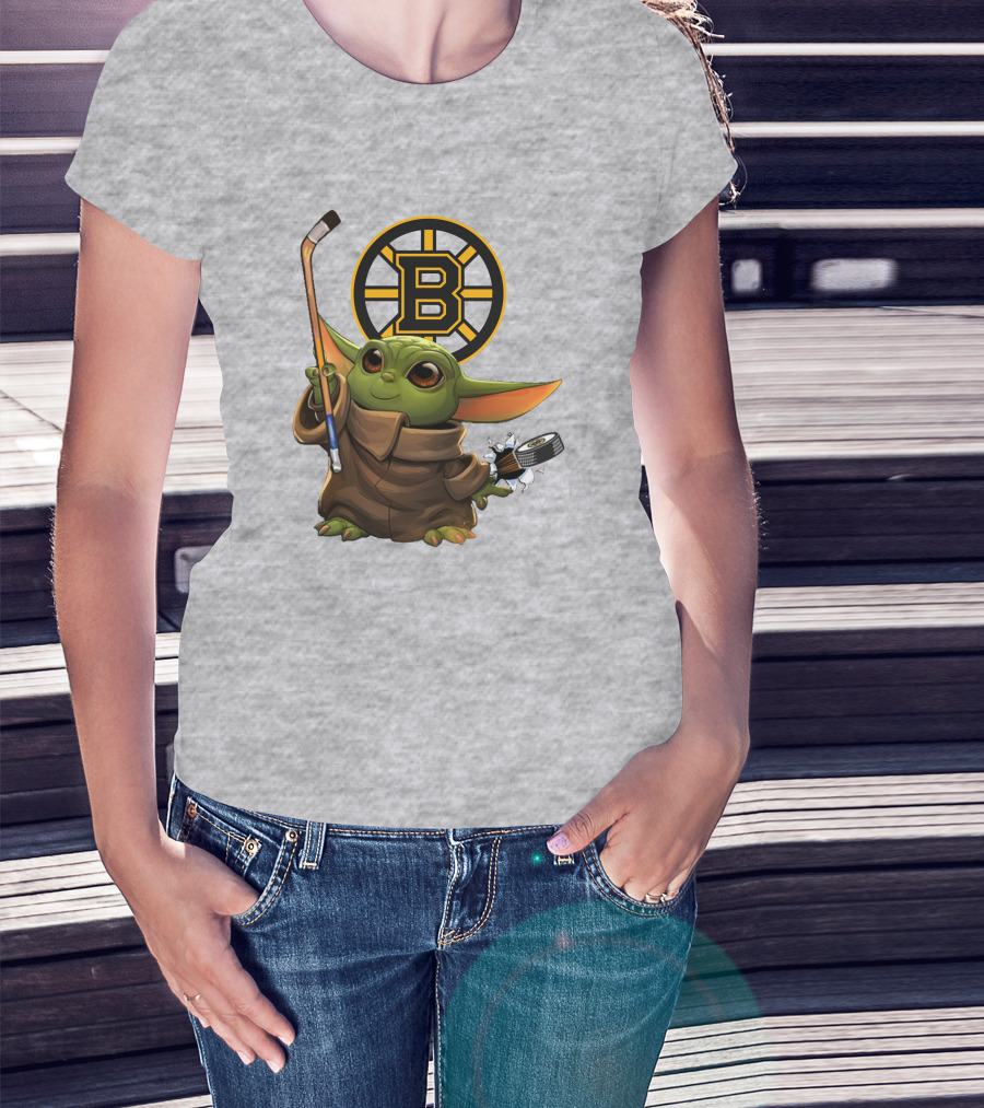 Boston Bruins Baby Yoda Hockey Stick Puck Character T-Shirt