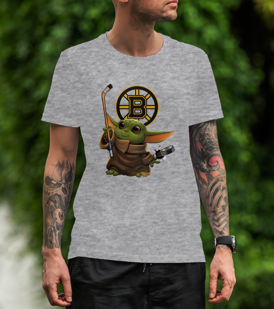 Boston Bruins Baby Yoda Hockey Stick Puck Character T-Shirt