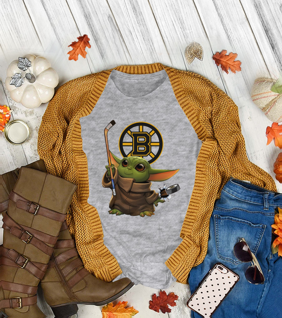 Boston Bruins Baby Yoda Hockey Stick Puck Character T-Shirt