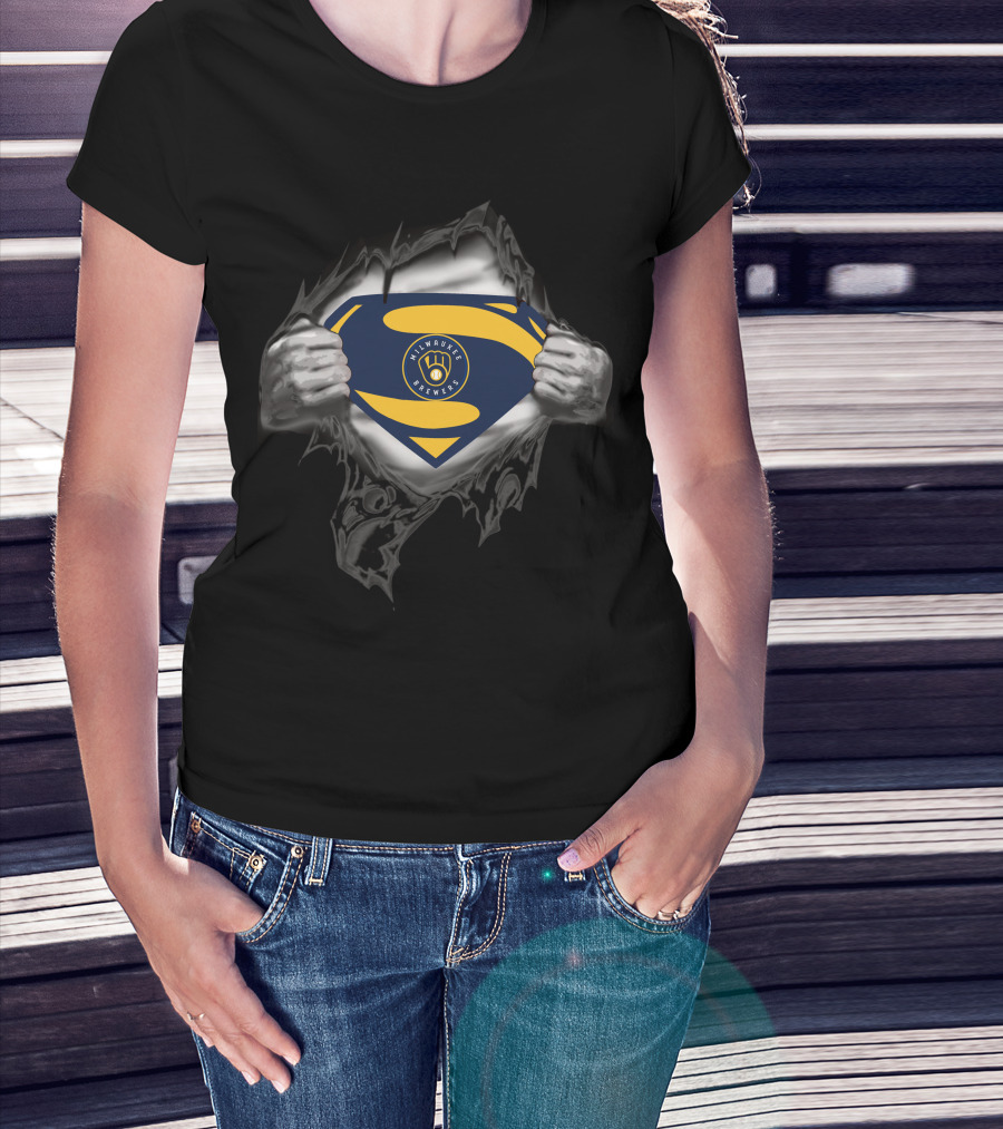 Milwaukee Brewers Superman Logo Rip Open Suit T-Shirt