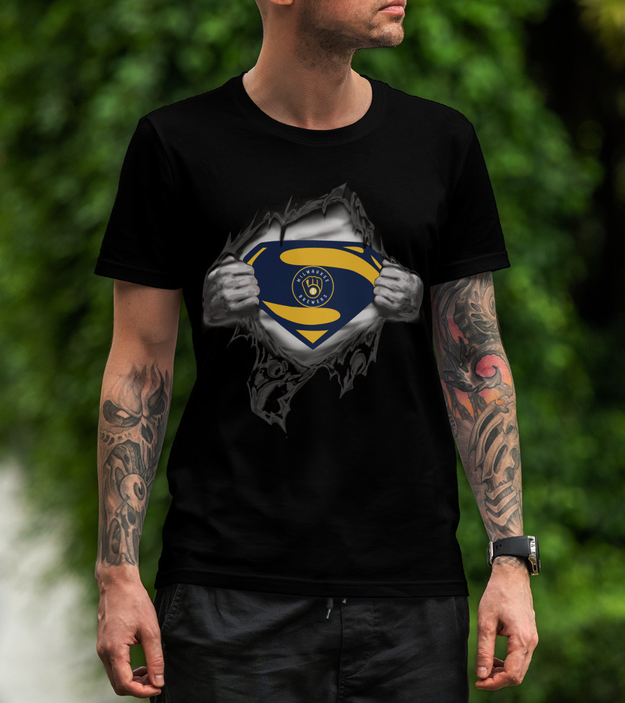 Milwaukee Brewers Superman Logo Rip Open Suit T-Shirt