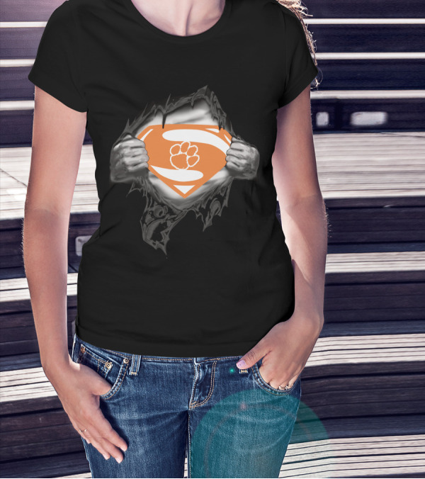 Clemson Super Man Orange Shield With Paw T-Shirt