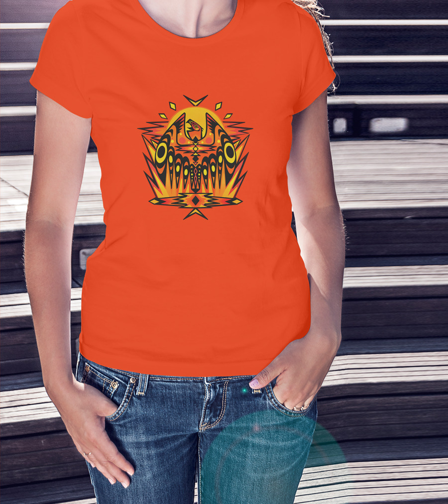 Howl Out Golden Eagle Rises Tribal Pattern On Bold Orange Background T-Shirt