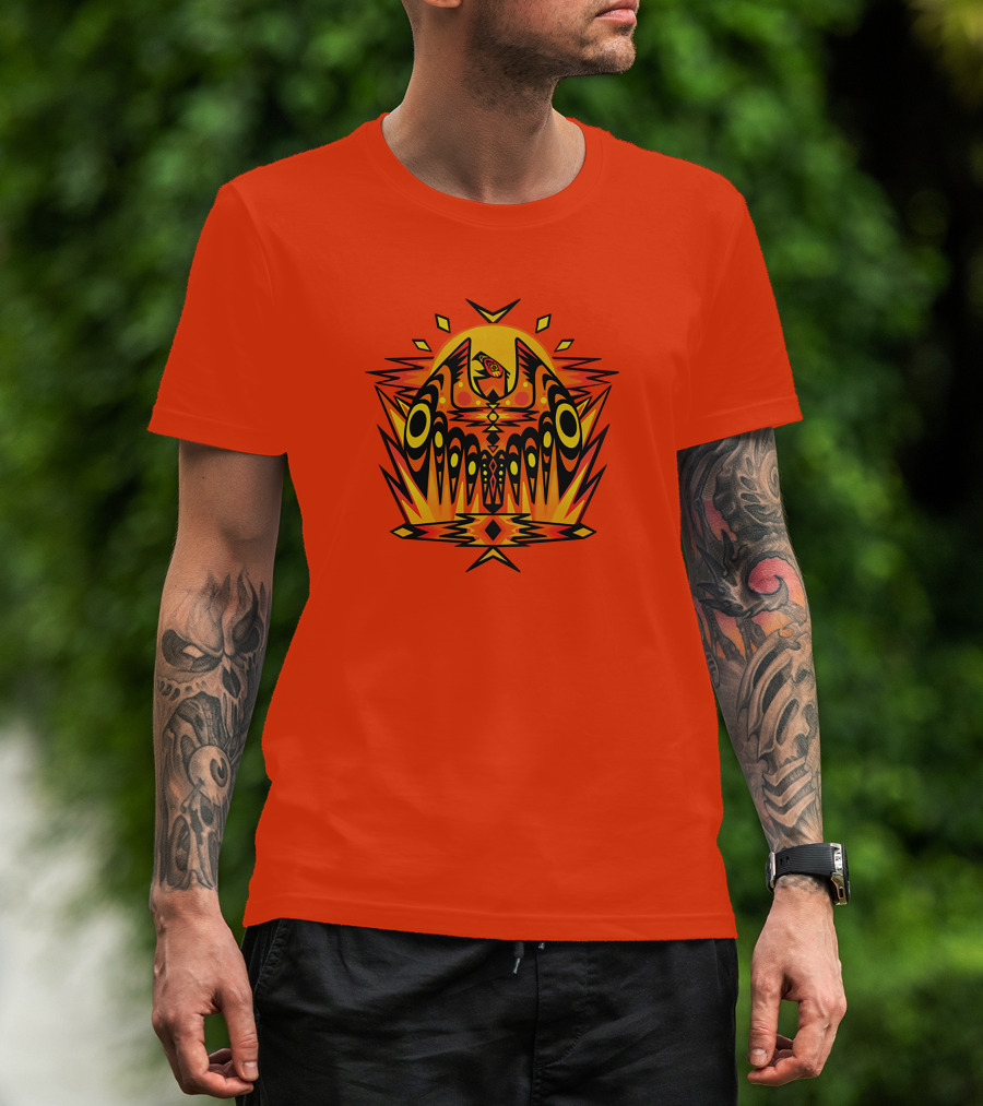 Howl Out Golden Eagle Rises Tribal Pattern On Bold Orange Background T-Shirt