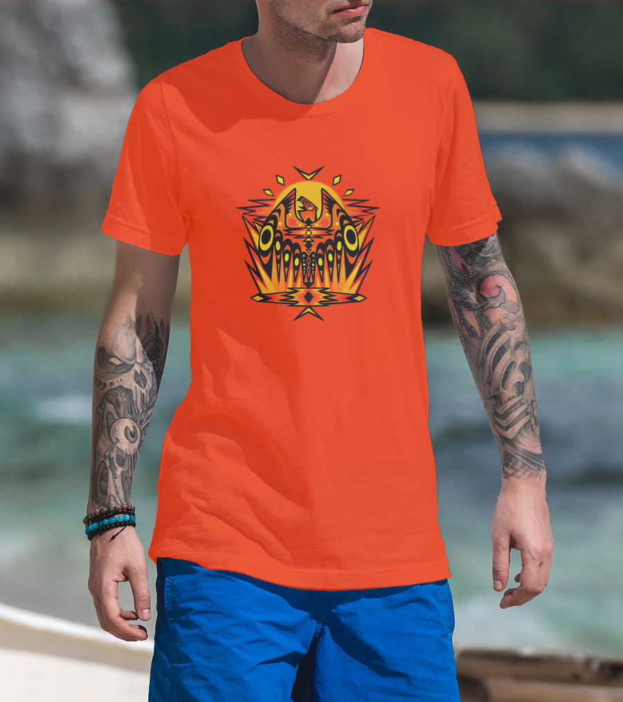 Howl Out Golden Eagle Rises Tribal Pattern On Bold Orange Background T-Shirt