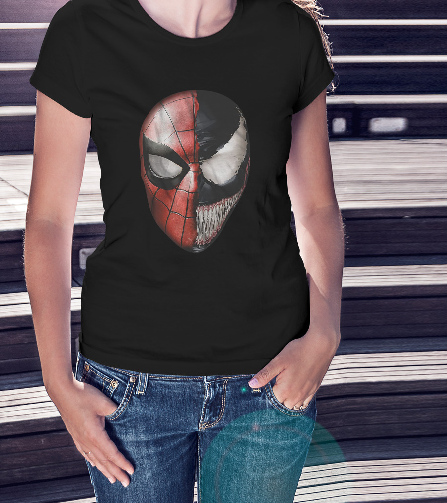 Venom Spidey Faces Split Mask Spider-Man Avengers Villain Comic Book T-Shirt