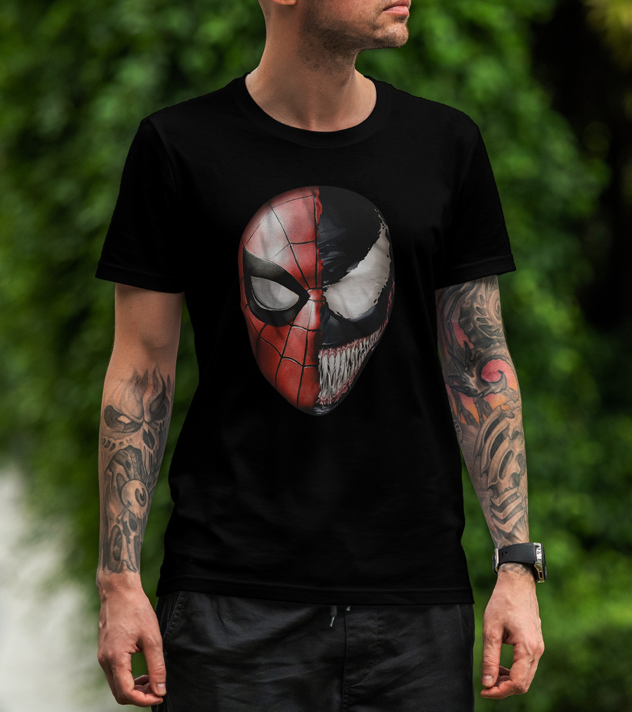 Venom Spidey Faces Split Mask Spider-Man Avengers Villain Comic Book T-Shirt