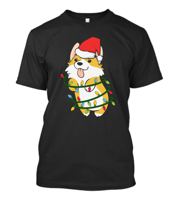 Corgi Wrapped In Christmas Tree Lights With Santa Hat T-Shirt