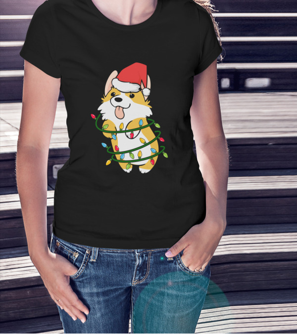 Corgi Wrapped In Christmas Tree Lights With Santa Hat T-Shirt