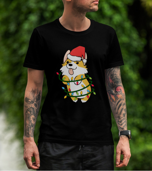 Corgi Wrapped In Christmas Tree Lights With Santa Hat T-Shirt