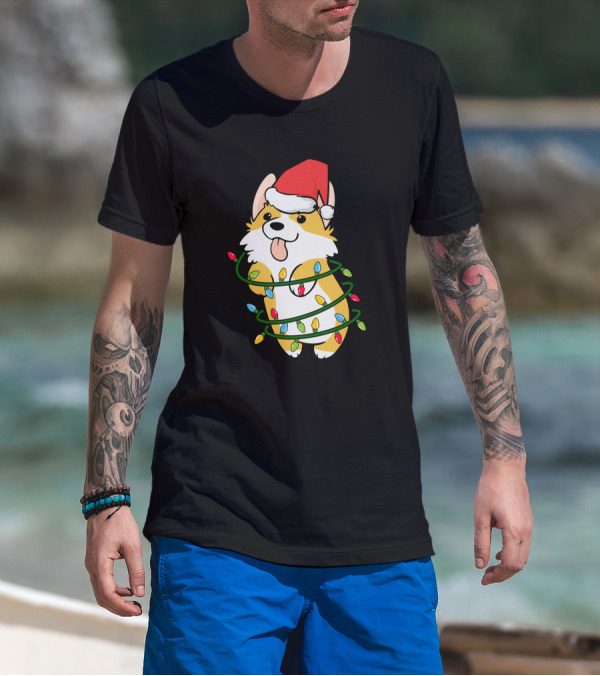 Corgi Wrapped In Christmas Tree Lights With Santa Hat T-Shirt