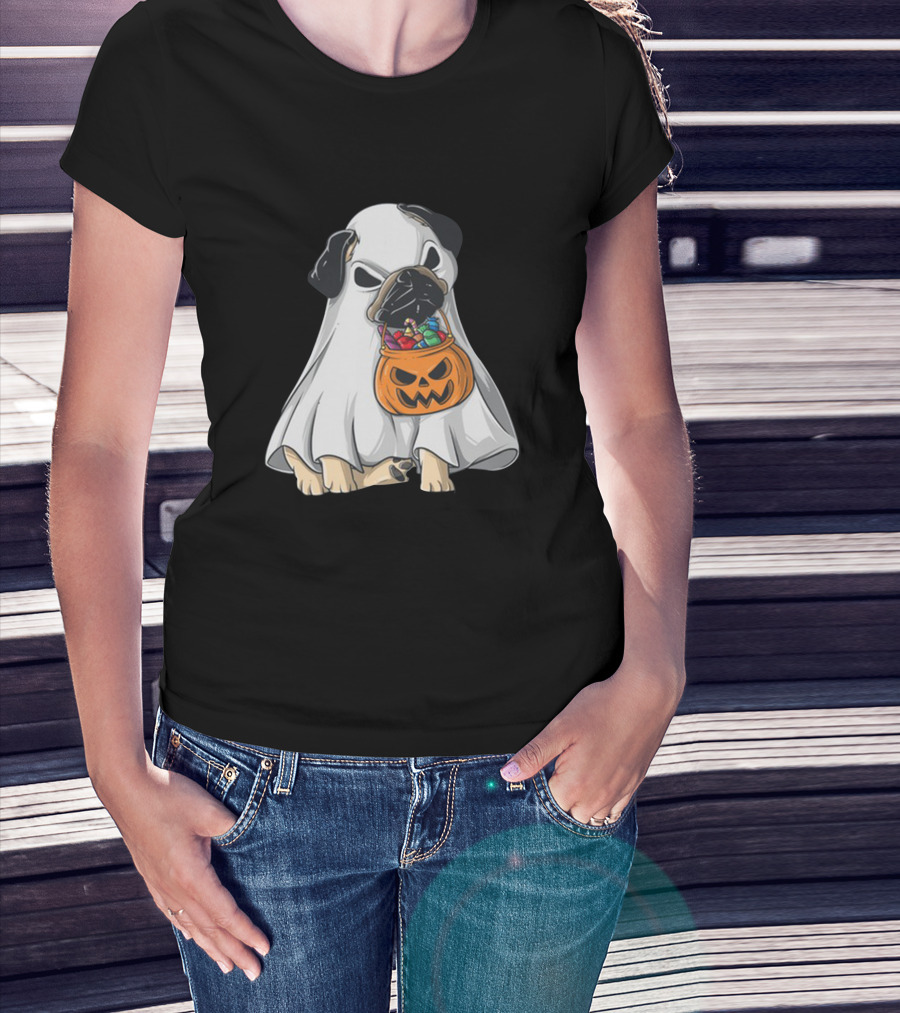Bestee Shops Ghost Pug With Halloween Candy Bucket T-Shirt
