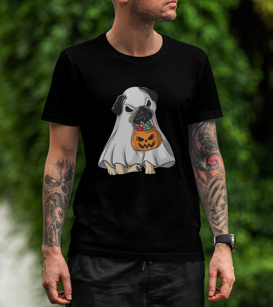 Bestee Shops Ghost Pug With Halloween Candy Bucket T-Shirt
