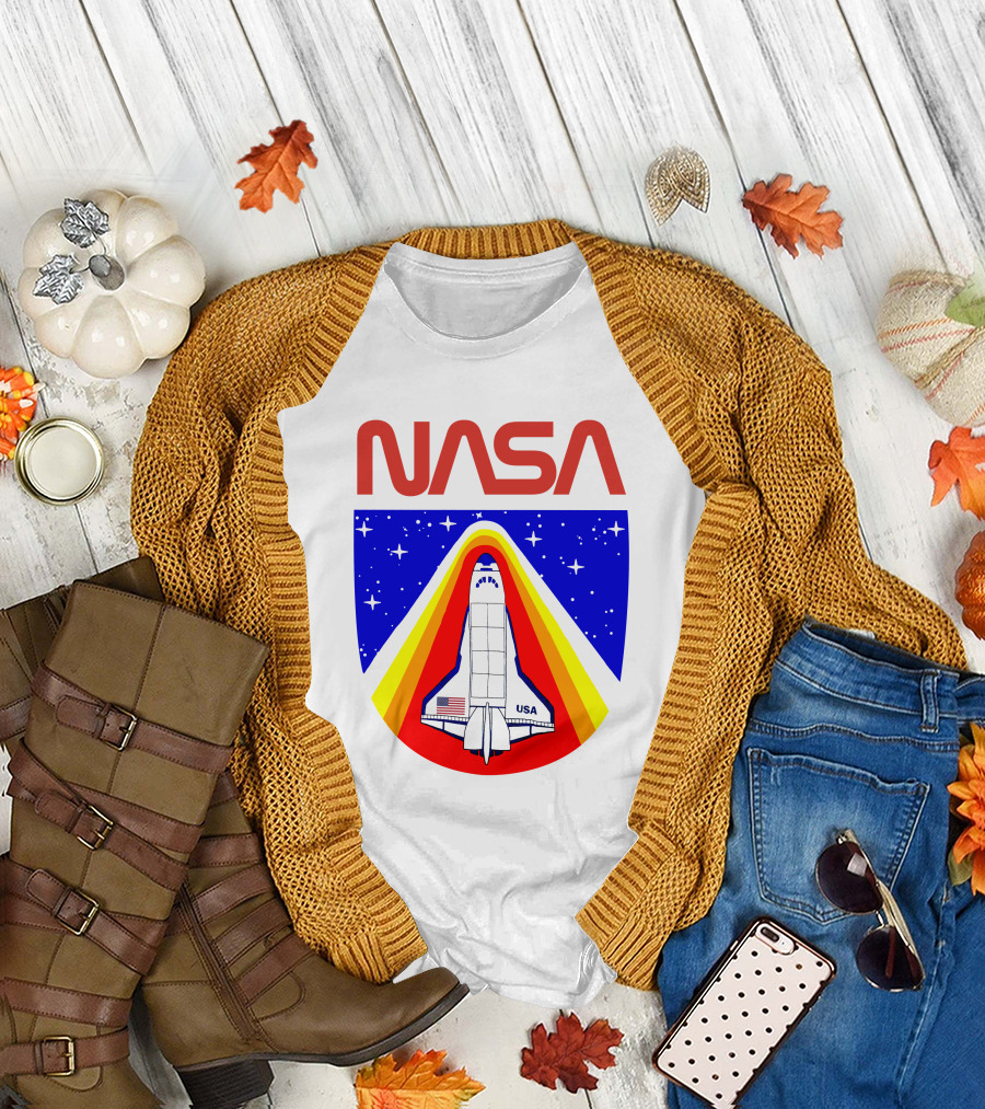 NASA Red Spaceship Emblem with Stars and Rainbow Trail T-Shirt
