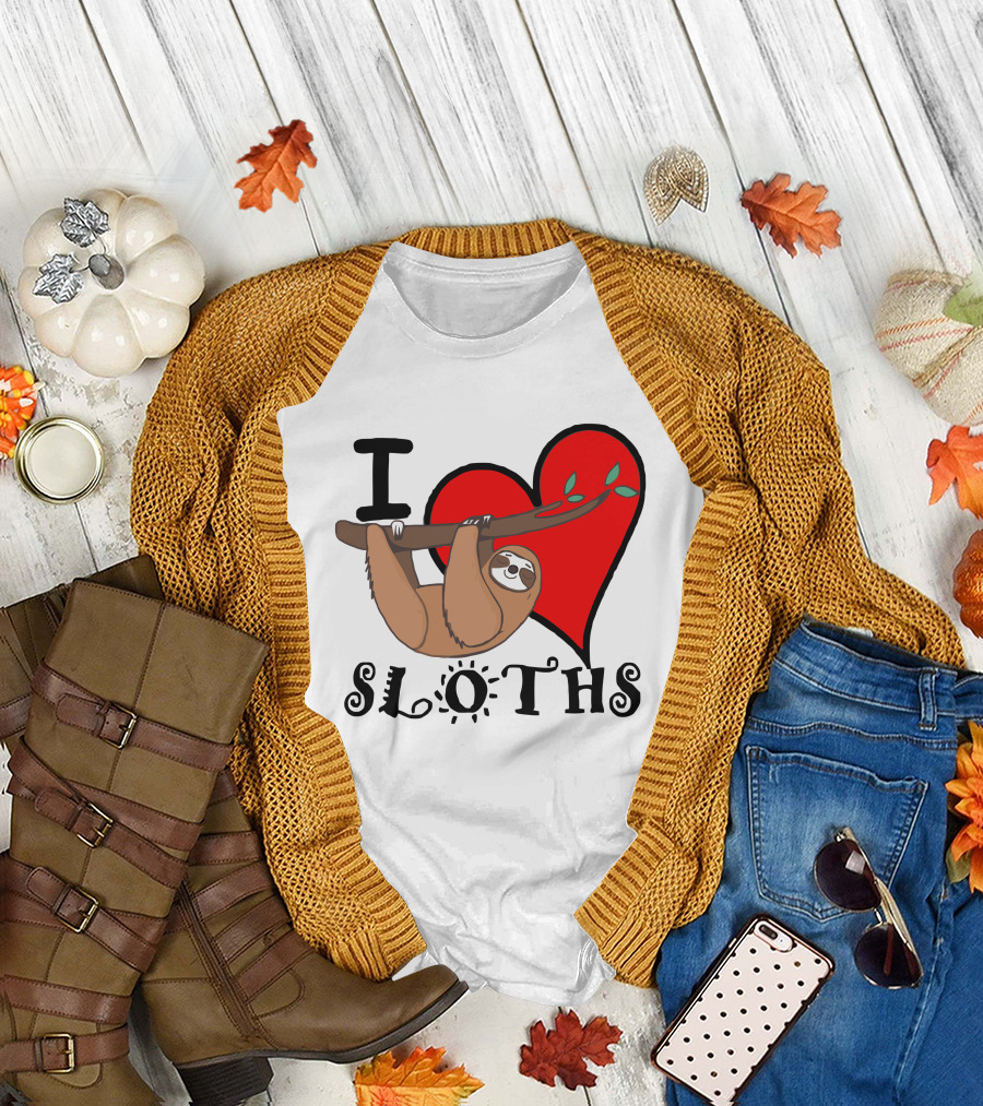 I Love Sloths Heart Hanging Sloth T-Shirt