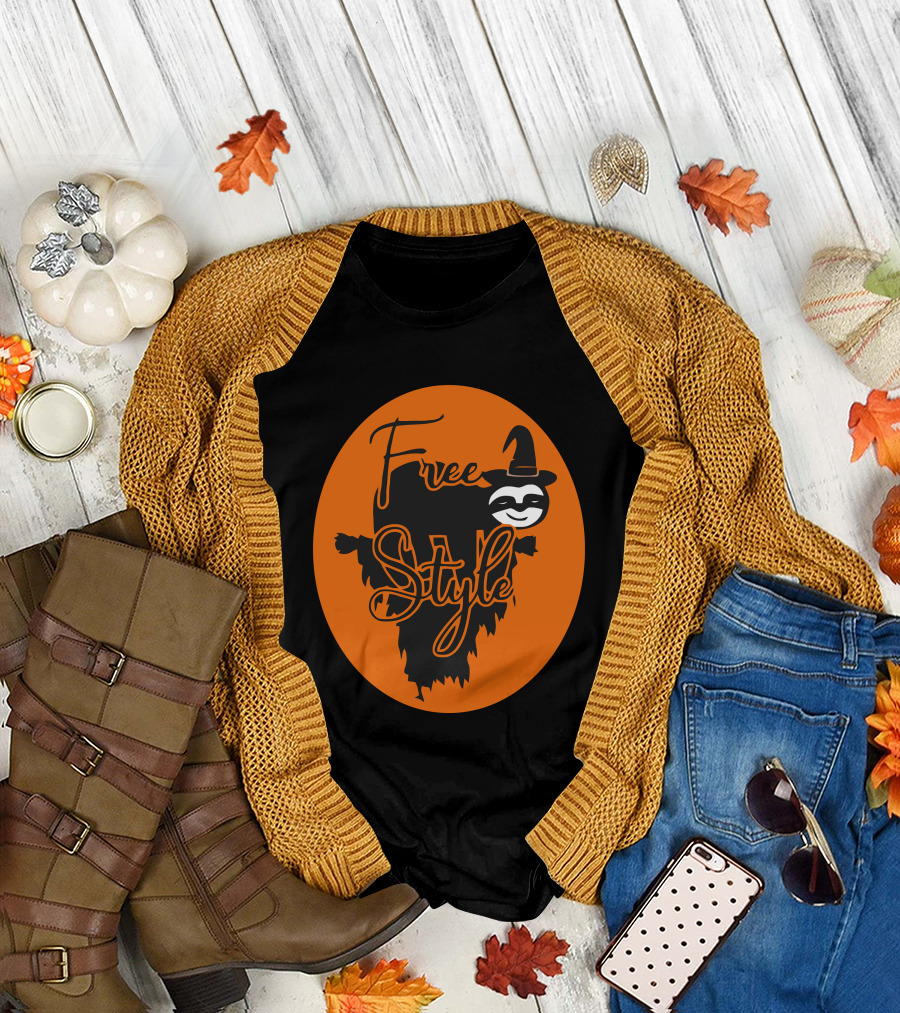 Free Style Halloween Sloth With Witch Hat in Orange Oval T-Shirt