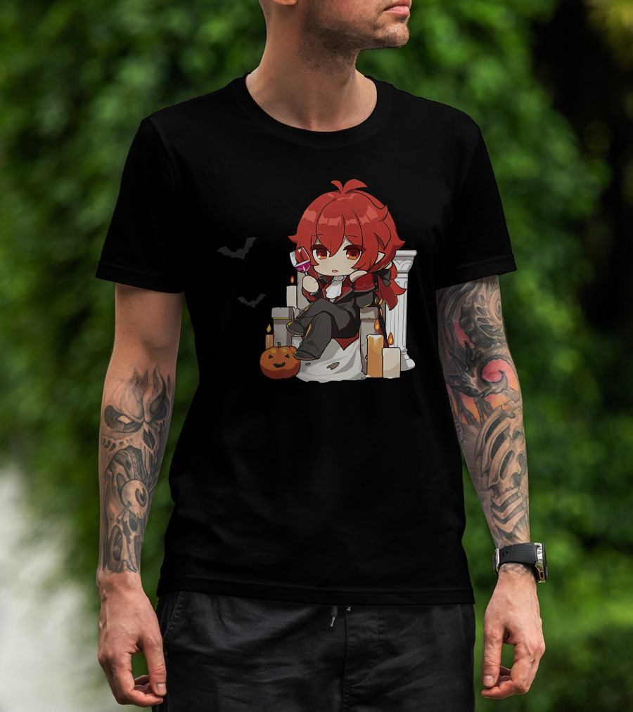 Genshin Impact Diluc Halloween Sitting With Wine And Jack-o'-Lantern T-Shirt