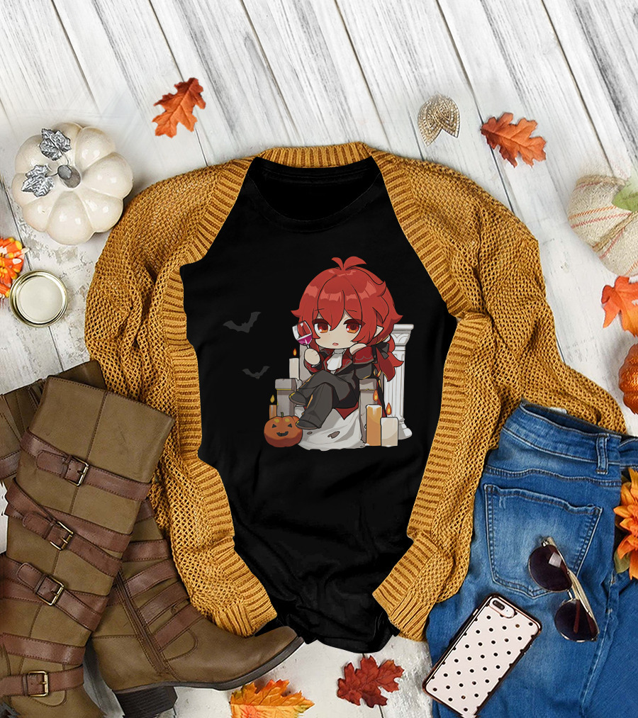 Genshin Impact Diluc Halloween Sitting With Wine And Jack-o'-Lantern T-Shirt