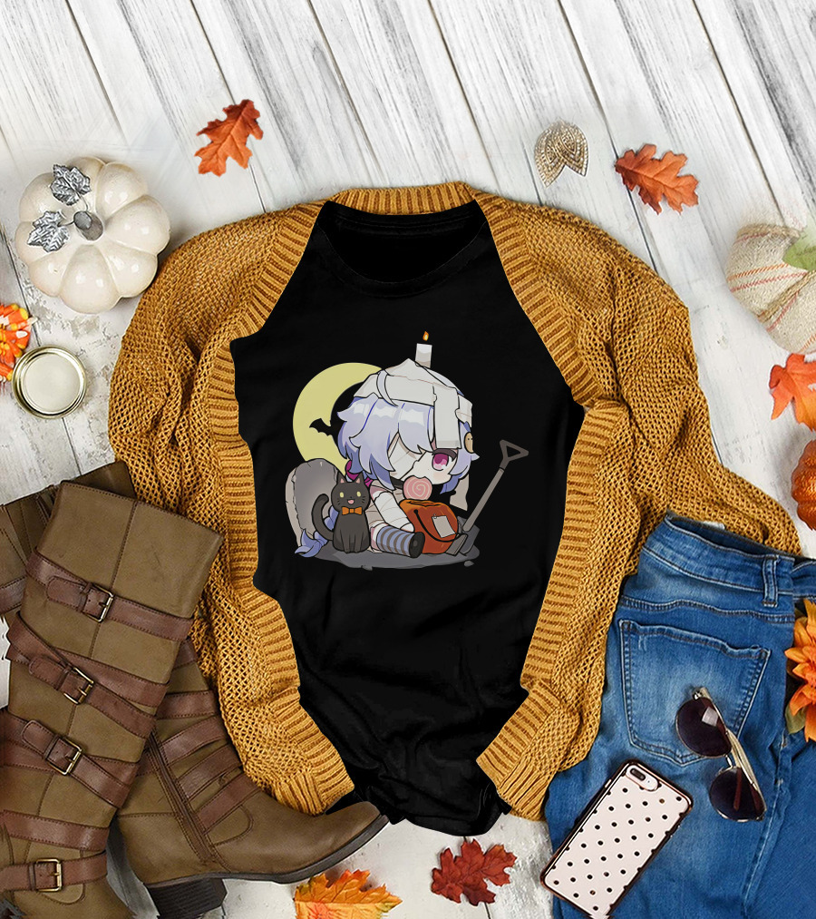 Happy Halloween Genshin Impact Ganyu Chibi Black Cat Moon Costume T-Shirt