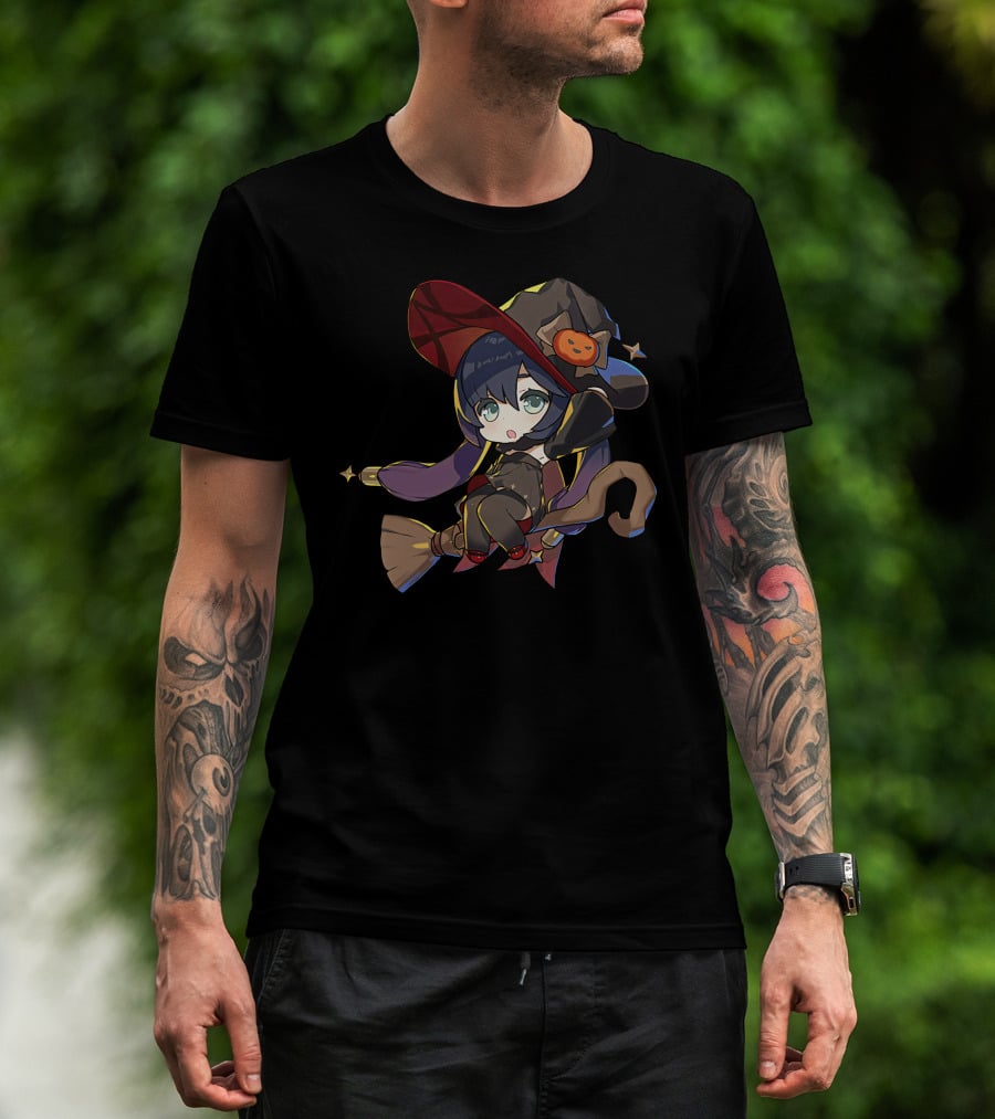 Ae Entropy Happy Halloween Genshin Impact Mona Witch Broom Pumpkin Hat T-Shirt