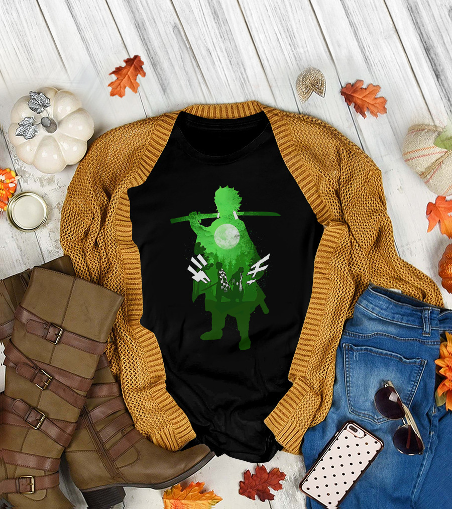 Demon Slayer Anime Tanjiro Kamado Green Silhouette with Moon and Sword T-Shirt