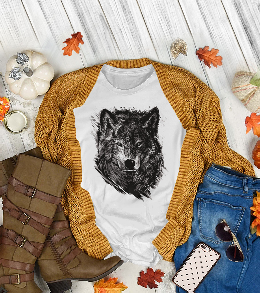 Wolf Sketch Black and White Drawing T-Shirt