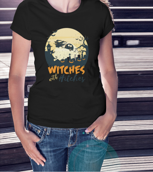 Witches With Hitches Halloween Camper Scene With Flying Broomstick And Spooky Graveyard T-Shirt