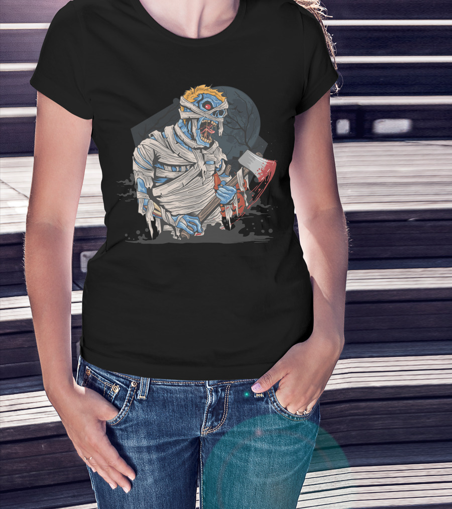 Zombie With Bloody Axe And Tattered Mummy Wrappings Under Full Moon T-Shirt