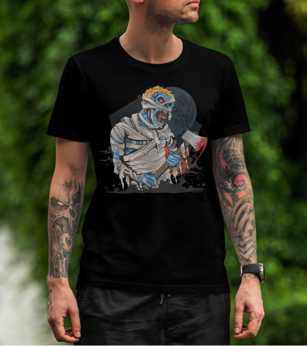 Zombie With Bloody Axe And Tattered Mummy Wrappings Under Full Moon T-Shirt