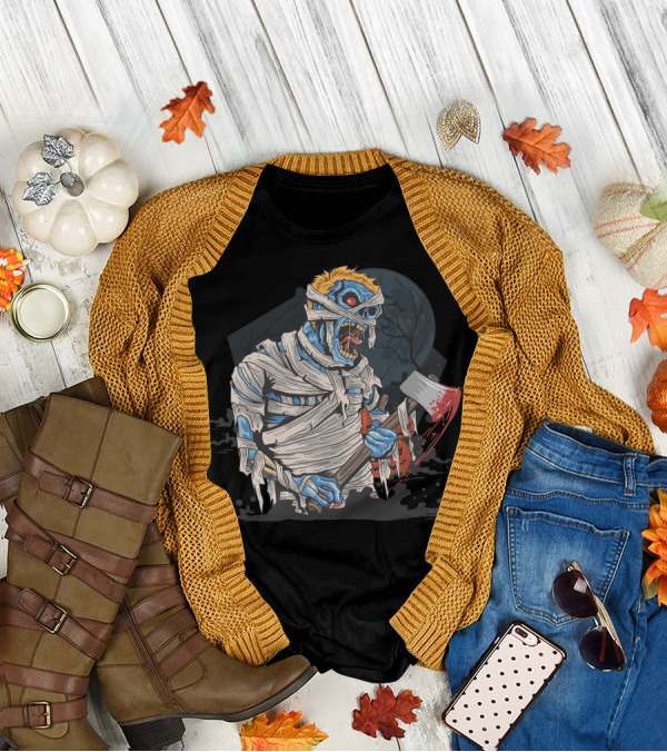 Zombie With Bloody Axe And Tattered Mummy Wrappings Under Full Moon T-Shirt