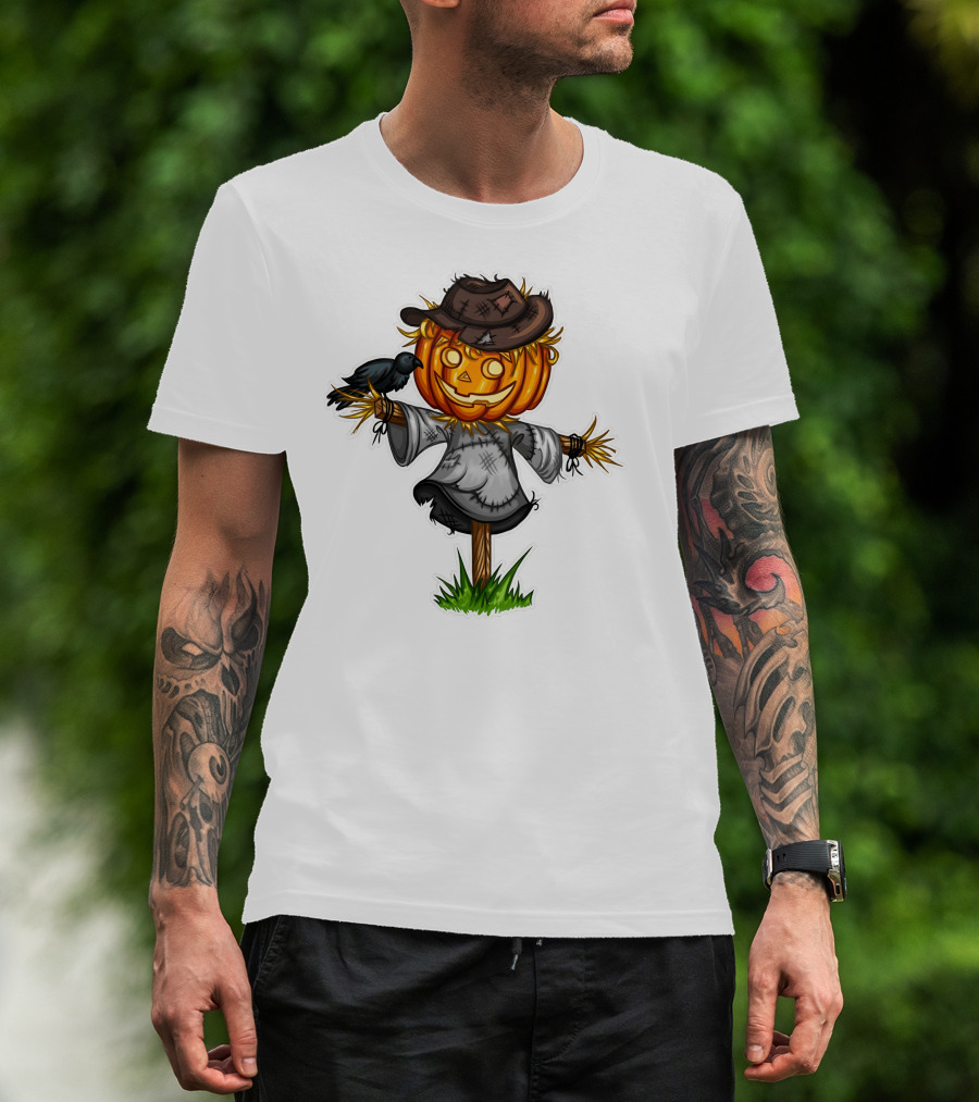 Scarecrow Halloween Pumpkin Head With Crow And Tattered Hat T-Shirt