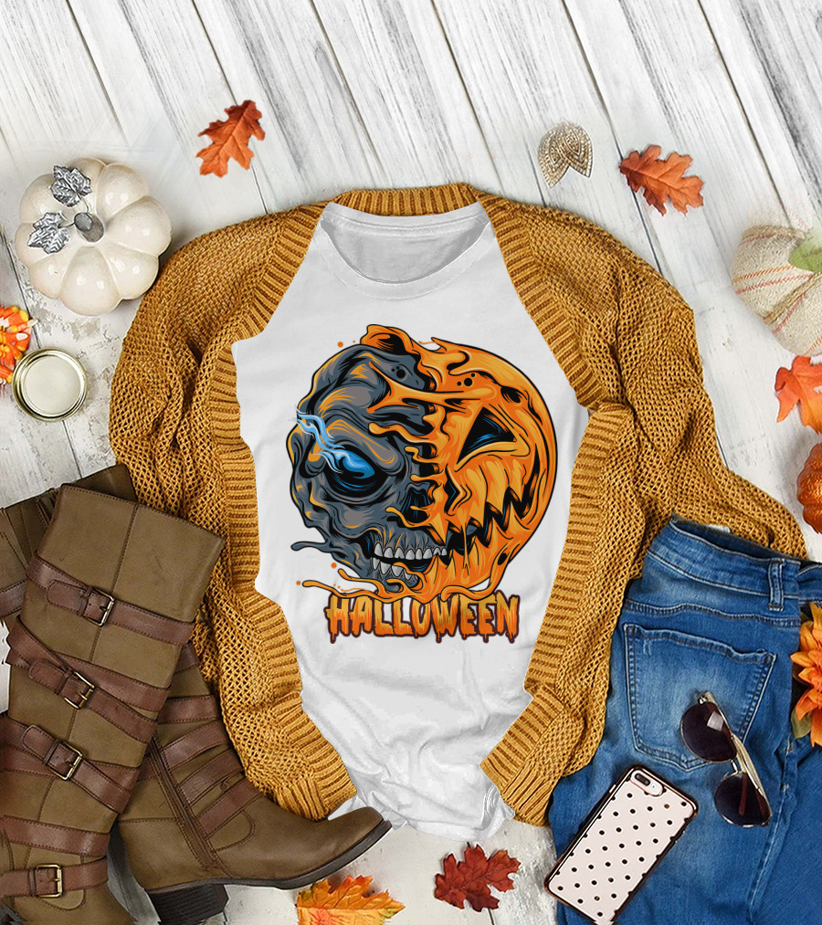 Halloween Skull and Pumpkin Fusion T-Shirt