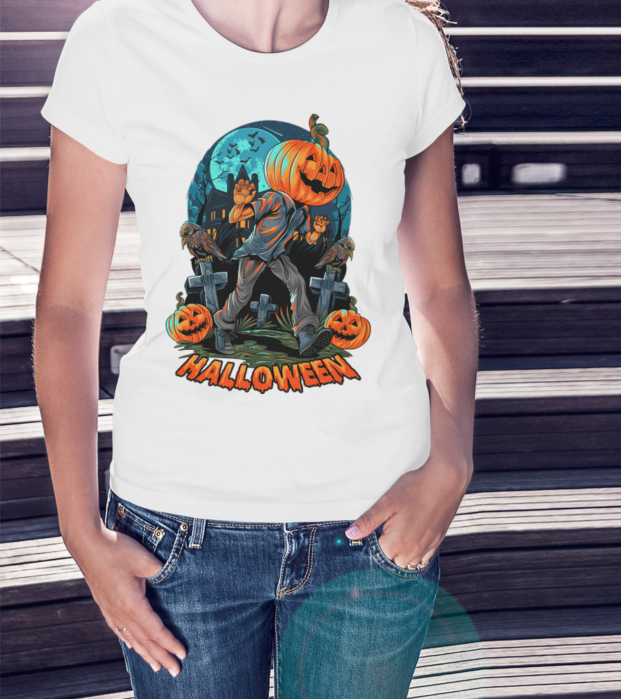 Spooky Halloween Pumpkin Head Costume With Haunted House And Bats T-Shirt
