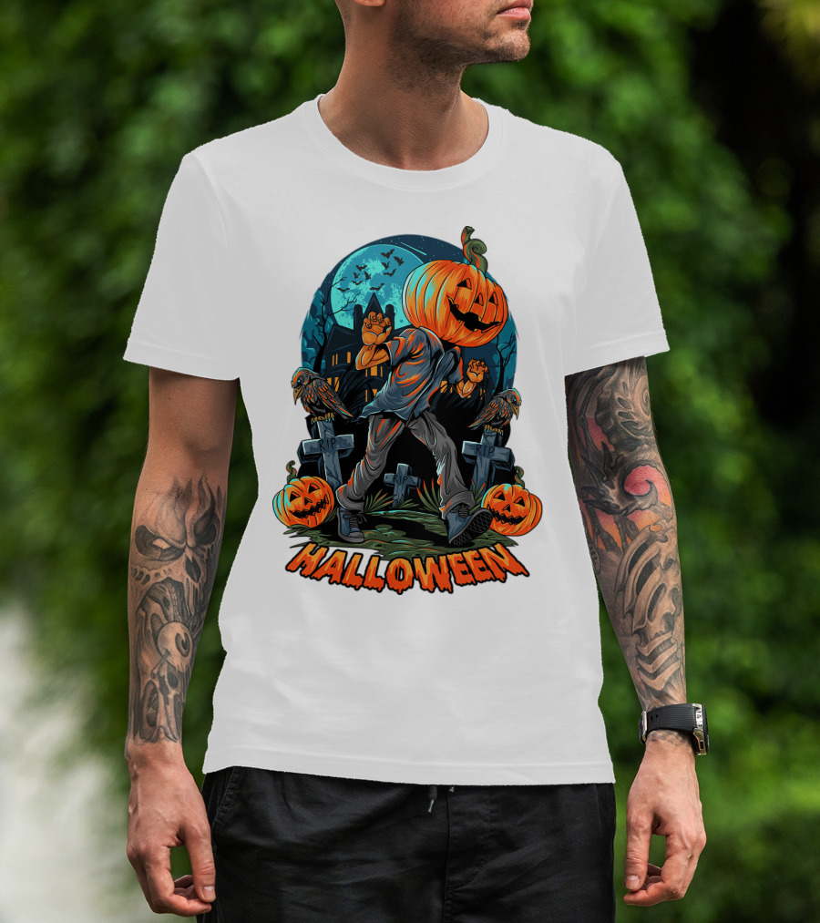 Spooky Halloween Pumpkin Head Costume With Haunted House And Bats T-Shirt