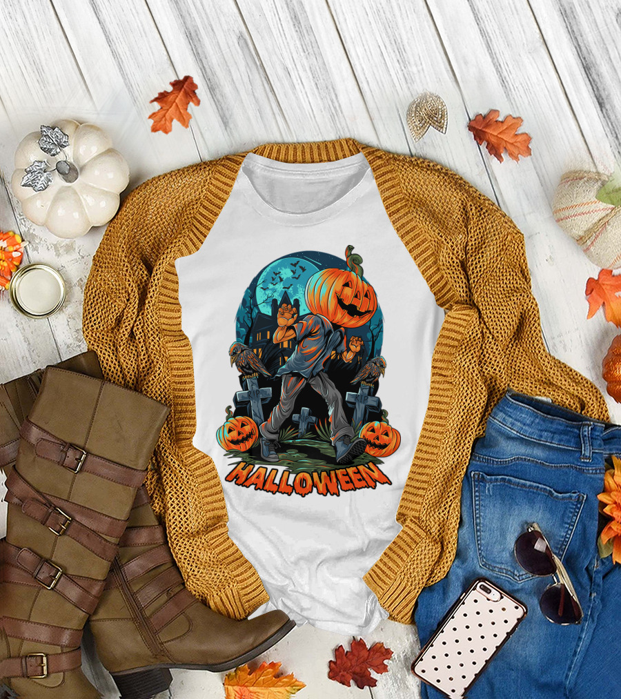 Spooky Halloween Pumpkin Head Costume with Haunted House and Bats T-Shirt