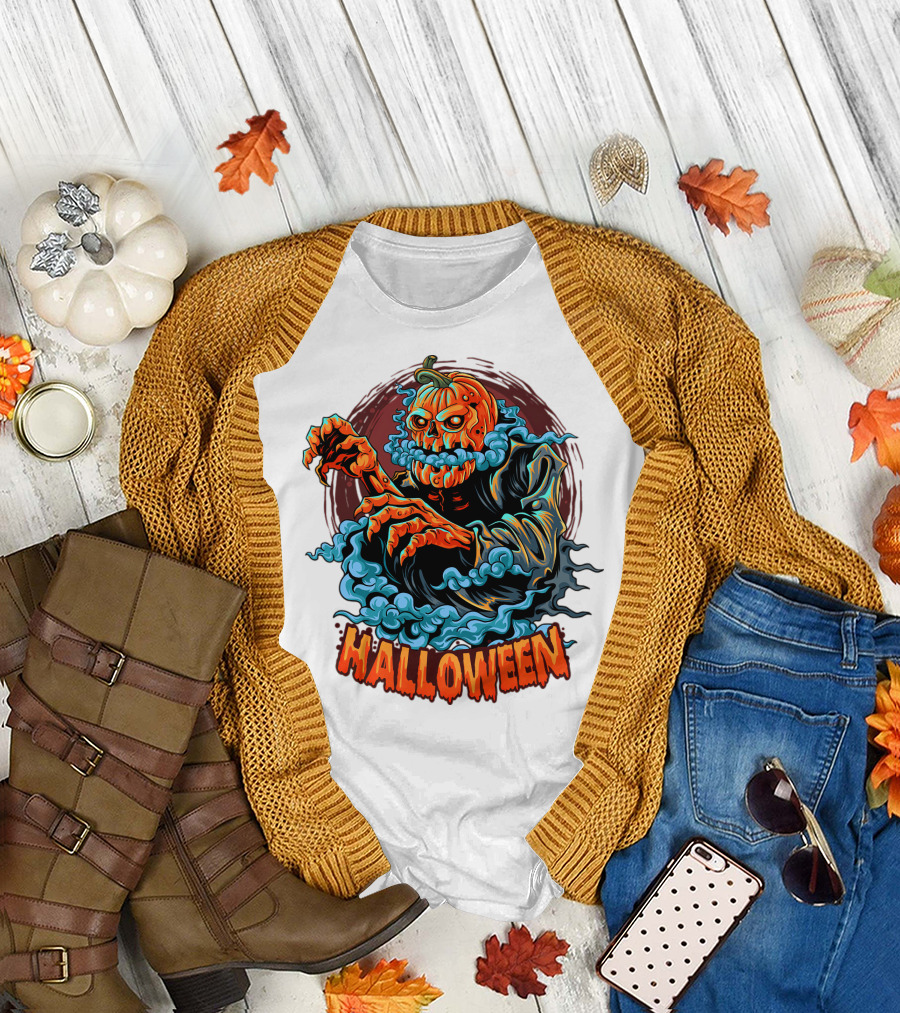 Halloween Pumpkin-Headed Zombie with Ghoulish Aura T-Shirt