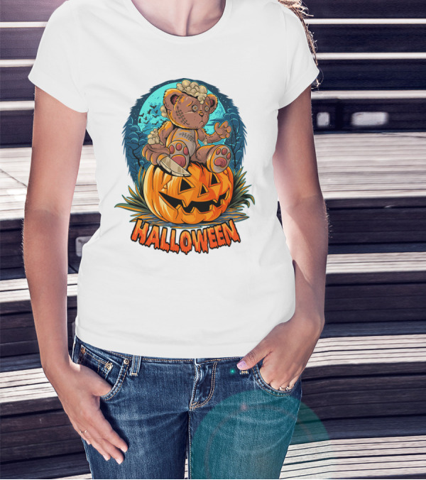 Halloween Teddy Bear On Pumpkin With Moon And Bats T-Shirt
