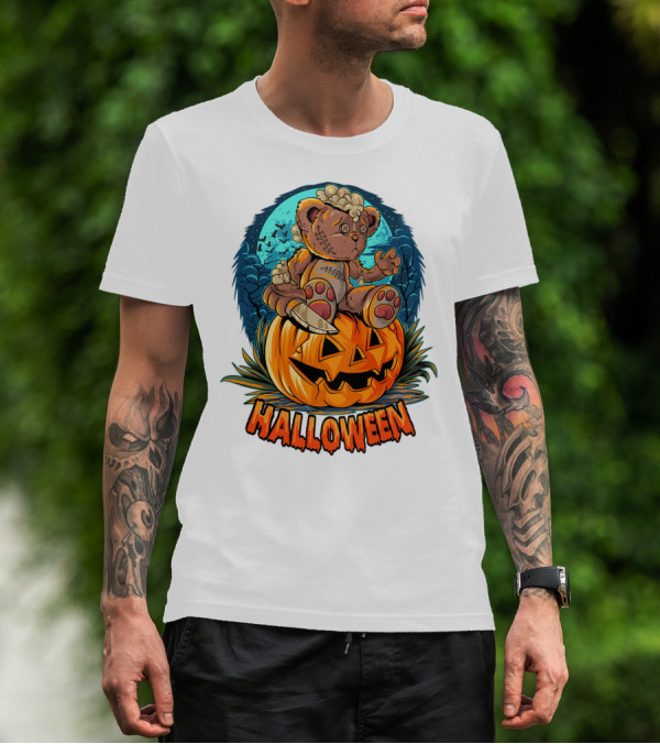 Halloween Teddy Bear On Pumpkin With Moon And Bats T-Shirt