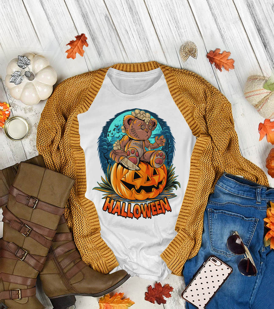 Halloween Teddy Bear on Pumpkin with Moon and Bats T-Shirt