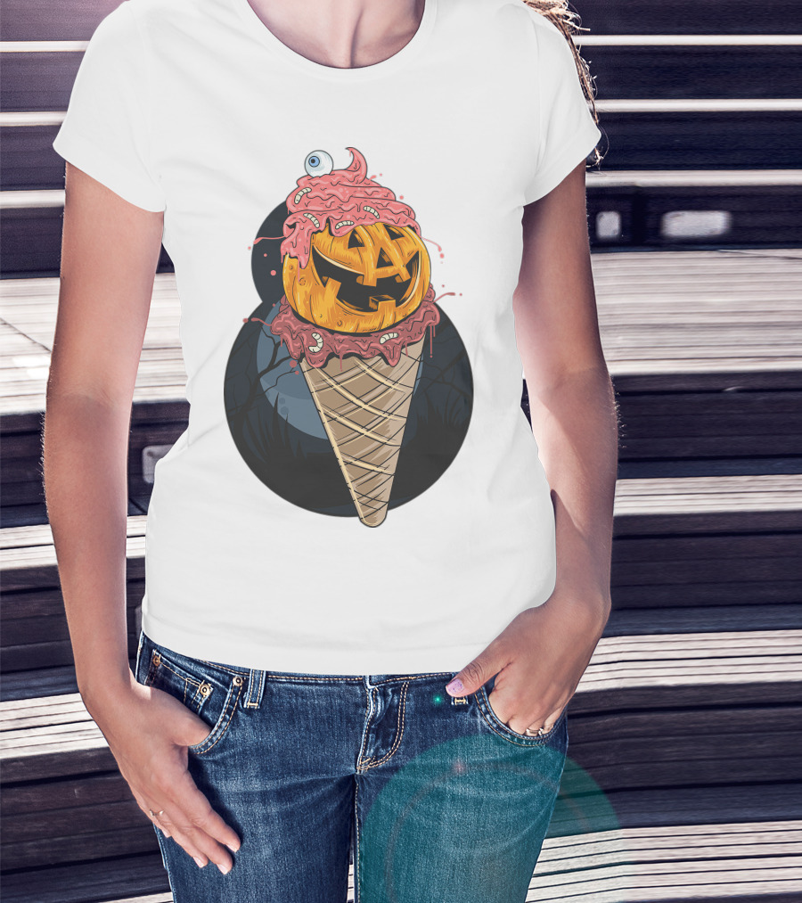 Ice Cream Pumpkin Creepy Cone Halloween Mashup T-Shirt