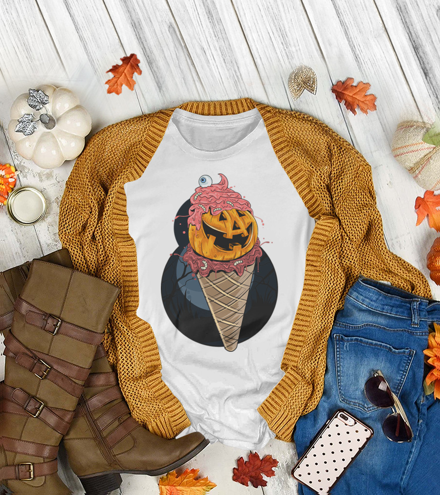 Ice Cream Pumpkin Creepy Cone Halloween Mashup T-Shirt